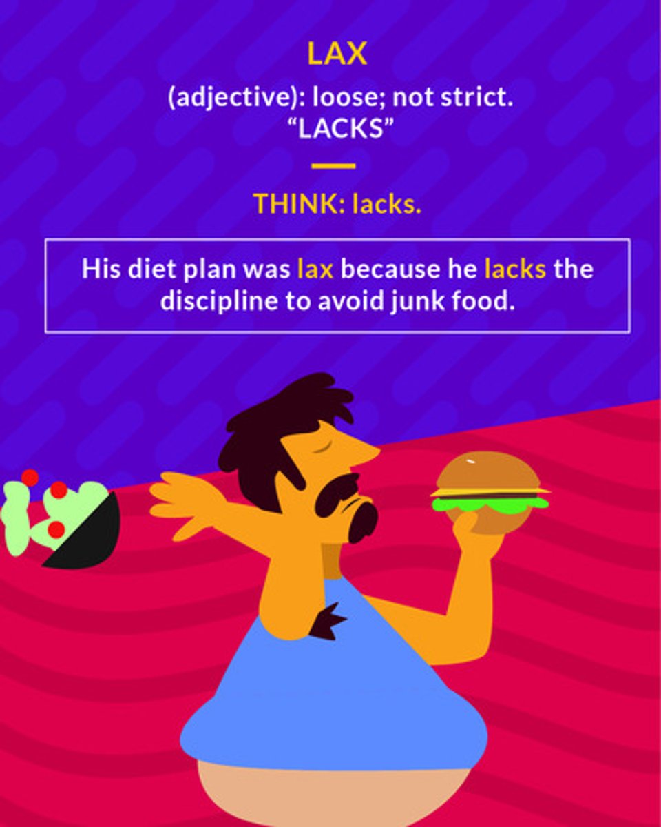 <p>(adj.) careless; not strict</p><p>(adj.) not strict</p>