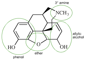 <p>10 % raw opium</p><p>Effects</p><ul><li><p>relief of severe pain</p></li><li><p>better bioavailability (100%) when inserted through IV</p></li><li><p>Addictive,  Anxiety,  mood change, allergic reaction</p></li></ul><p>Functional Groups</p><ul><li><p>Ether</p></li><li><p>Alkenyl</p></li><li><p>2 Hydroxyls (slightly polar)- limits ability to cross blood-brain barrier</p></li><li><p>Tertiary amide </p></li><li><p>phenyl</p></li></ul>