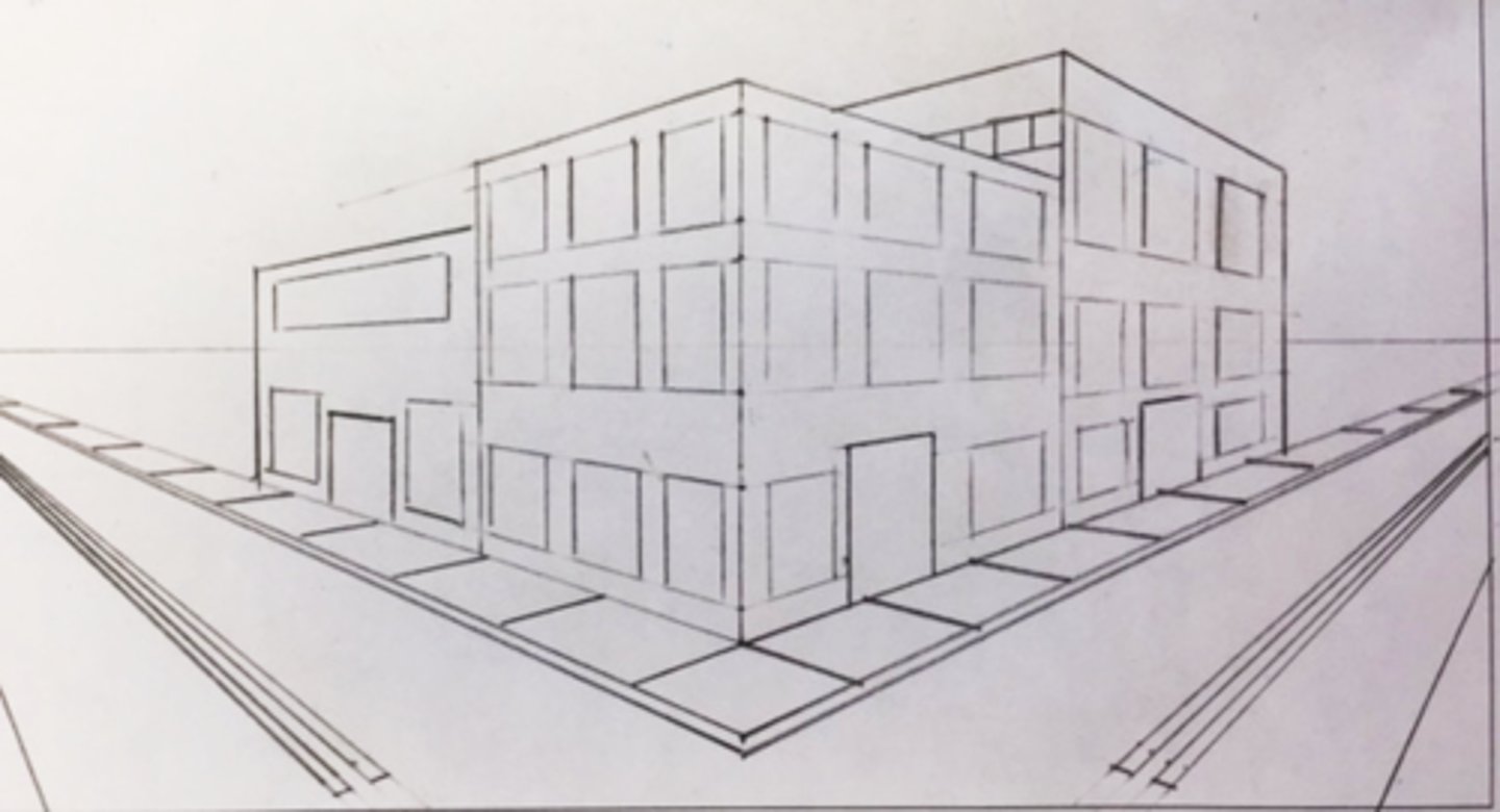 <p>creates an illusion that the drawn objects size gets smaller as it retreats from the fixed viewpoint --&gt; can be one-point, two-point, or three-point --&gt; objects get smaller the further it is from the viewer</p>