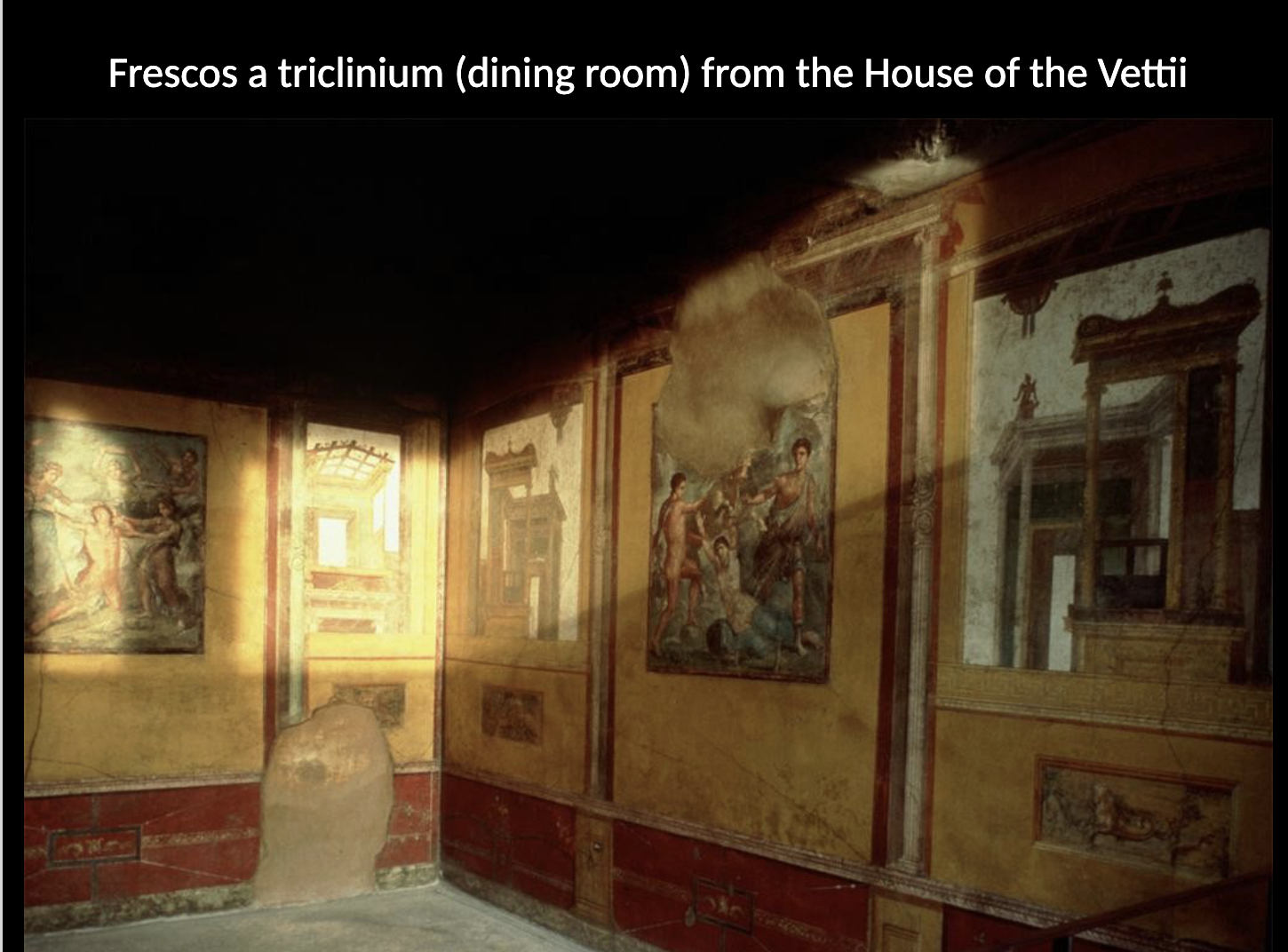 <p>Villa of Marcus Agrippa: 4th style </p><p>Who were the Vetti? What are some of the notable features of their house in Pompeii? What is represented in the houses’ painted decoration? </p>