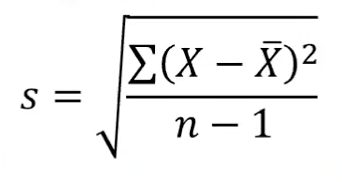 <p><span>𝒔 = √[σ(𝑿 − ഥ𝑿)𝟐 / (𝒏 − 𝟏)]</span></p>