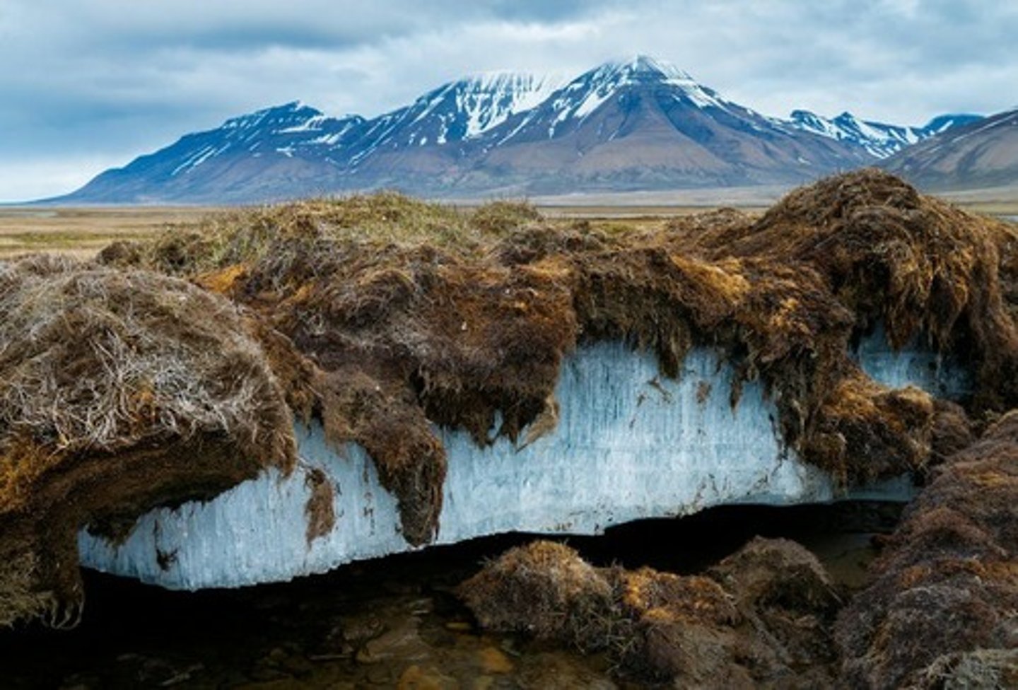 <p>(lớp đất đóng băng vĩnh cửu)</p><p>Permafrost is a layer of frozen soil that remains permanently solid in extremely cold areas.</p>