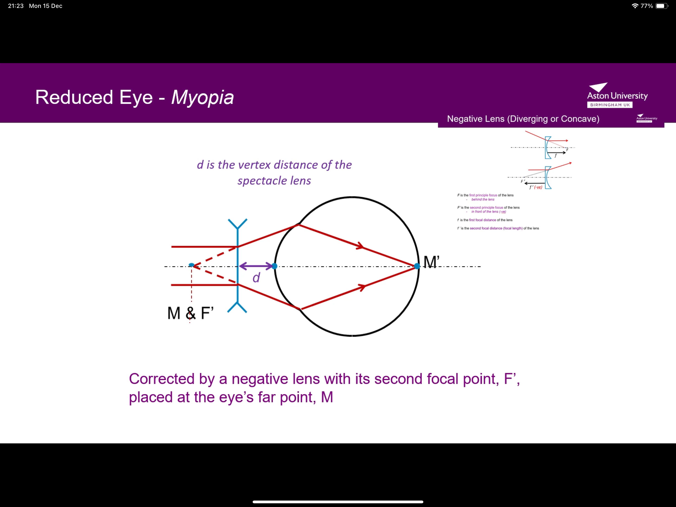 <p>Corrected with a negative lens with its second focal point placed at the eyes far point</p>