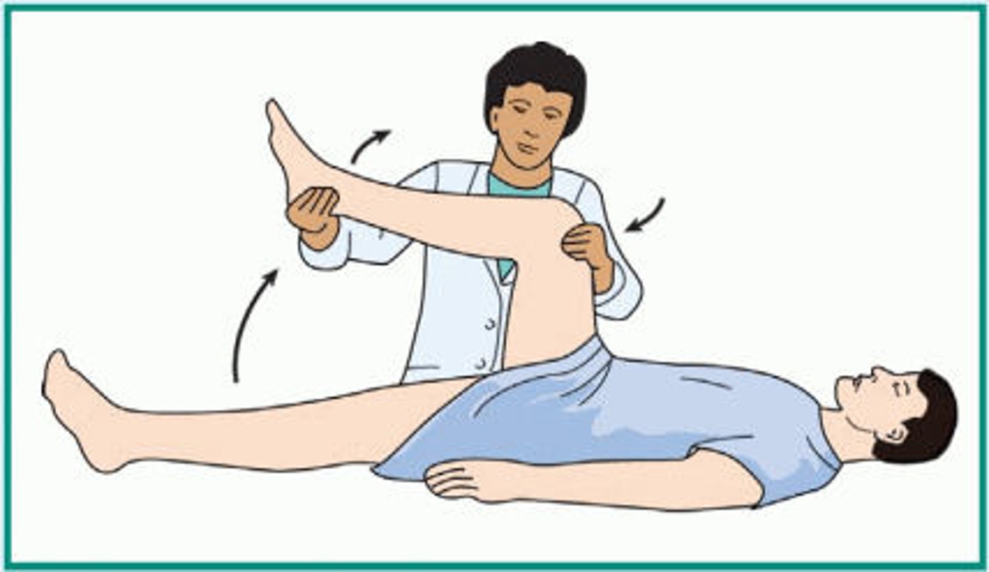 <p>a diagnostic sign for meningitis marked by the person's inability to extend the leg completely when the thigh is flexed upon the abdomen and the person is sitting or lying down</p>