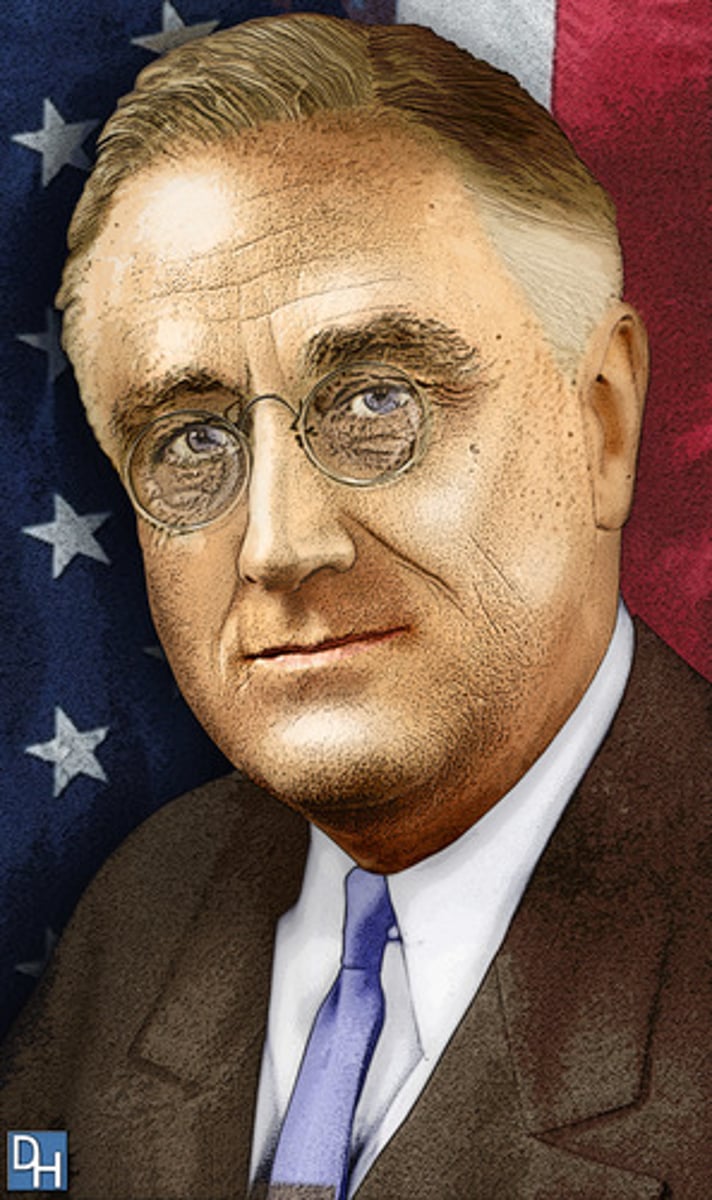 <p>New Deal to end great depression (created an "alphabetocracy" of agencies): two parts: First 100 Days and 2nd New Deal; social security created under the New Deal, opposition from Supreme Court, so he tried "court packing" (people didn't like that), tried to maintain neutrality in WWII, but had ties to allies (Lend Lease Act, strong economic ties), 1941: Pearl harbor ("a date which will live in infamy"), US enters WWII. Used "fireside chats" over the radio to connect with population.</p>