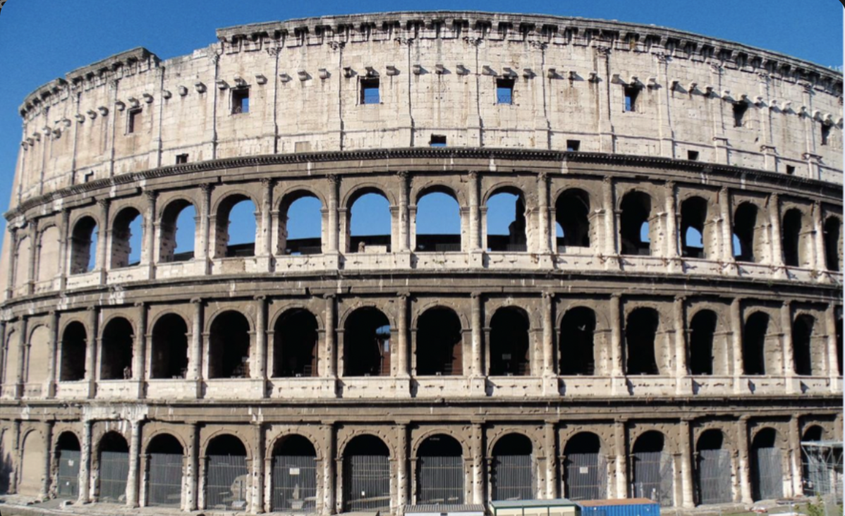 Rome, 70-80 CE, has Doric order columns at the very bottom row, spikes and poles at the top are where the velarium would be attached, manned by sailors. during the renaissance the colosseum as striped of marble, metal and used to rebuild churches and buildings. detail 