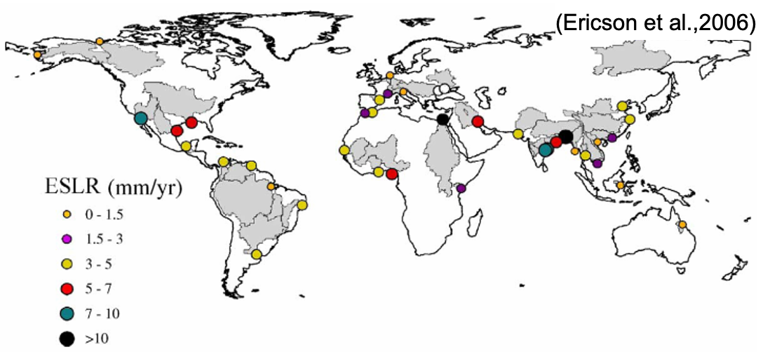 <p>sea level rise and coastal erosion due to global warming, sediment starvation due to reservoirs and control structures, and subsidence due to water and gas extraction </p>