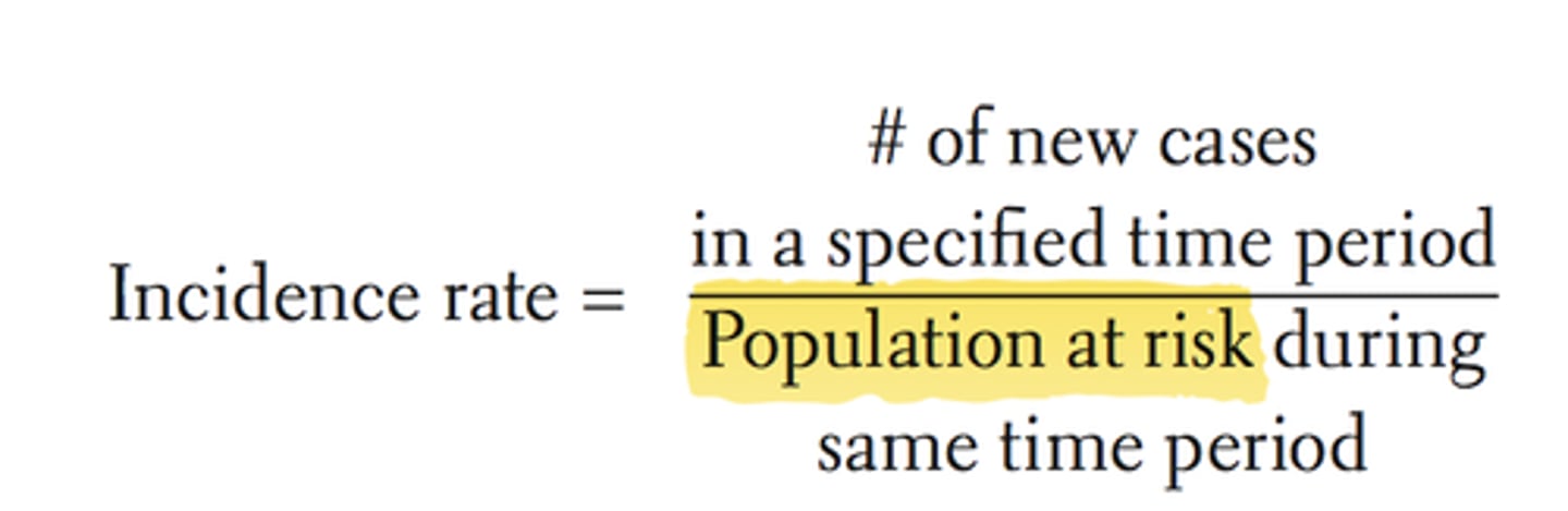 <p>measure the chances of developing a disease over a period of time<br><br>- comparing incidence rates is often a useful starting point when trying to establish cause of problem</p>