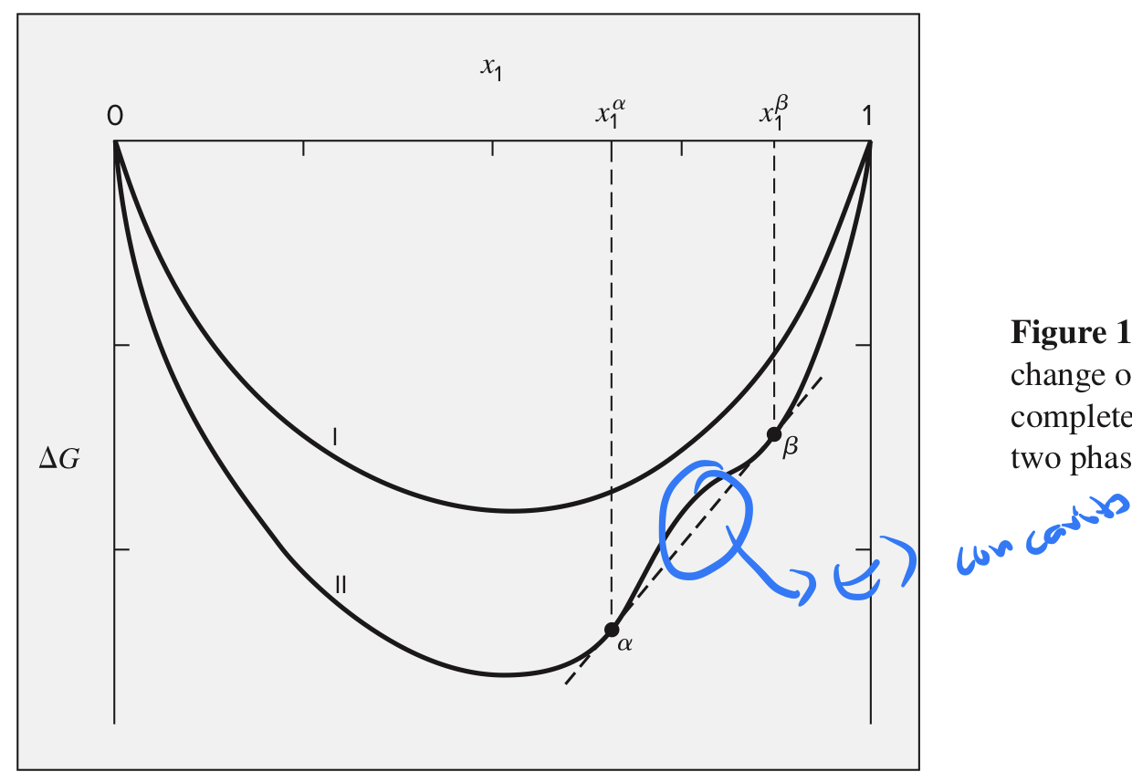 <ul><li><p>ΔG vs x1 has concave down (negative second derivative)</p></li><li><p>when mixing occurs, a system can achieve a lower value of the Gibbs energy by forming two phases than by forming a single phase</p></li></ul>