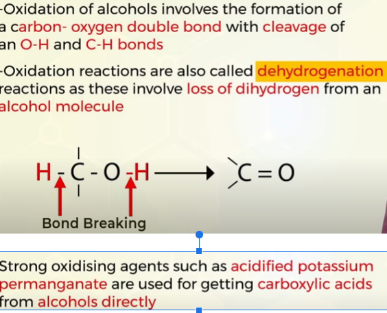<p>aka dehydrogentaion</p><p>H from O-H and from C-H is removed</p><p>alcohols on oxidation give aldehydes </p><p>aldehydes on oxidation give carboxylic acids</p><p>if a strong oxidising agent such as KmNO<sub>4</sub> is used then we get carboxylic acid directly from alcohols </p><p></p>