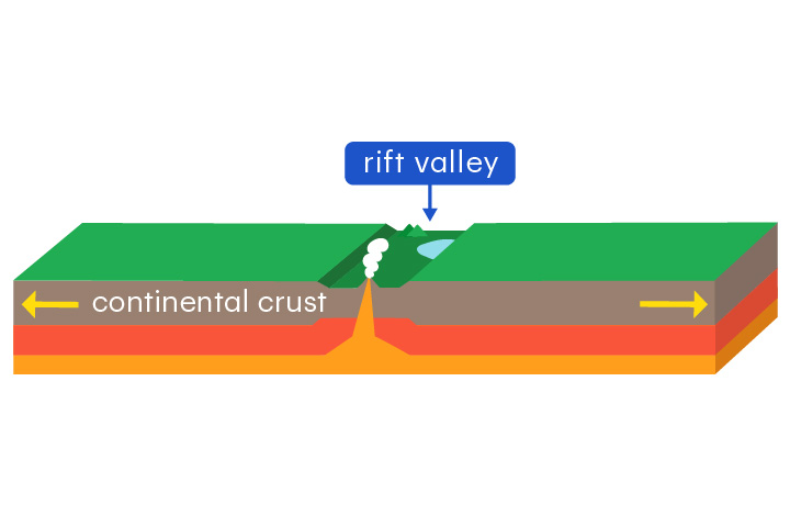 <p>A long depression formed when a continent is pulled apart</p><p>Rift valleys form at divergent boundaries in continental crust.</p>