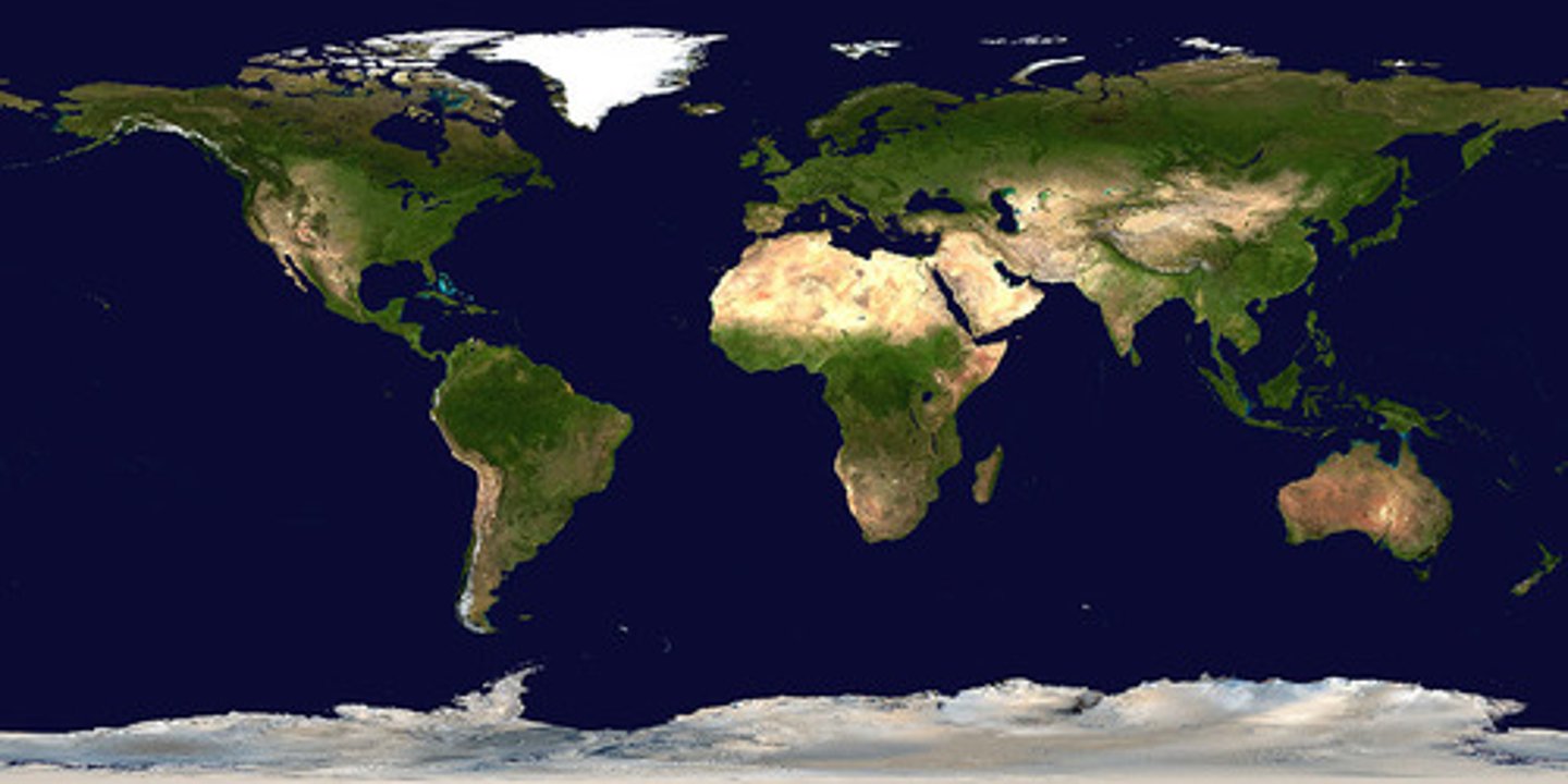 <p>A map projection that fairly accurately shows shape and direction, but distorts distance and size of land masses.</p>