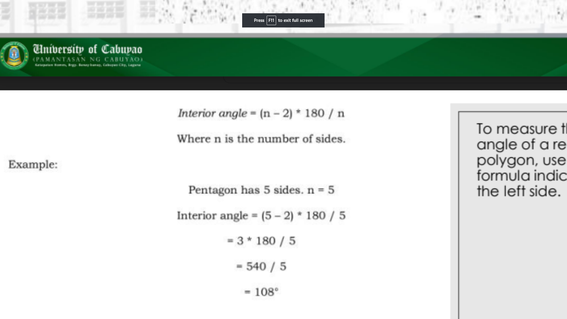 <p>A regular polygon is a plane figure with five or more</p><p>sides. All the sides and angles are</p><p>equal.</p>