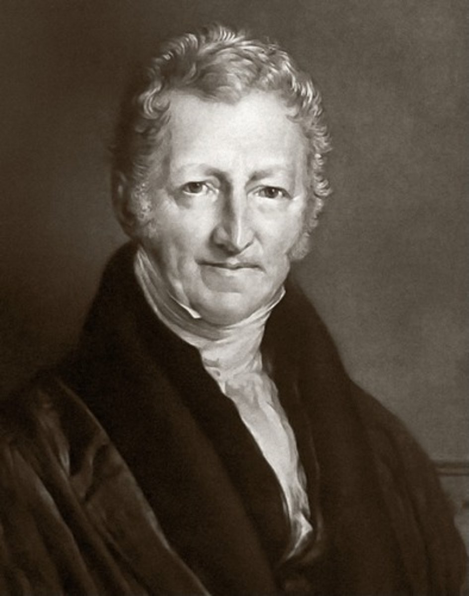 <p>British laissez-faire economist who warned that population growth threatened future generations because population growth would outpace the food supply. Believed nature's check on population growth was war, disease and famine. Discouraged vaccination.</p>