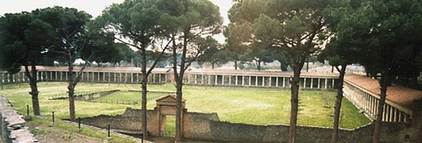 <p>An ancient Greek centre for sports, with buildings, playing areas and baths</p>