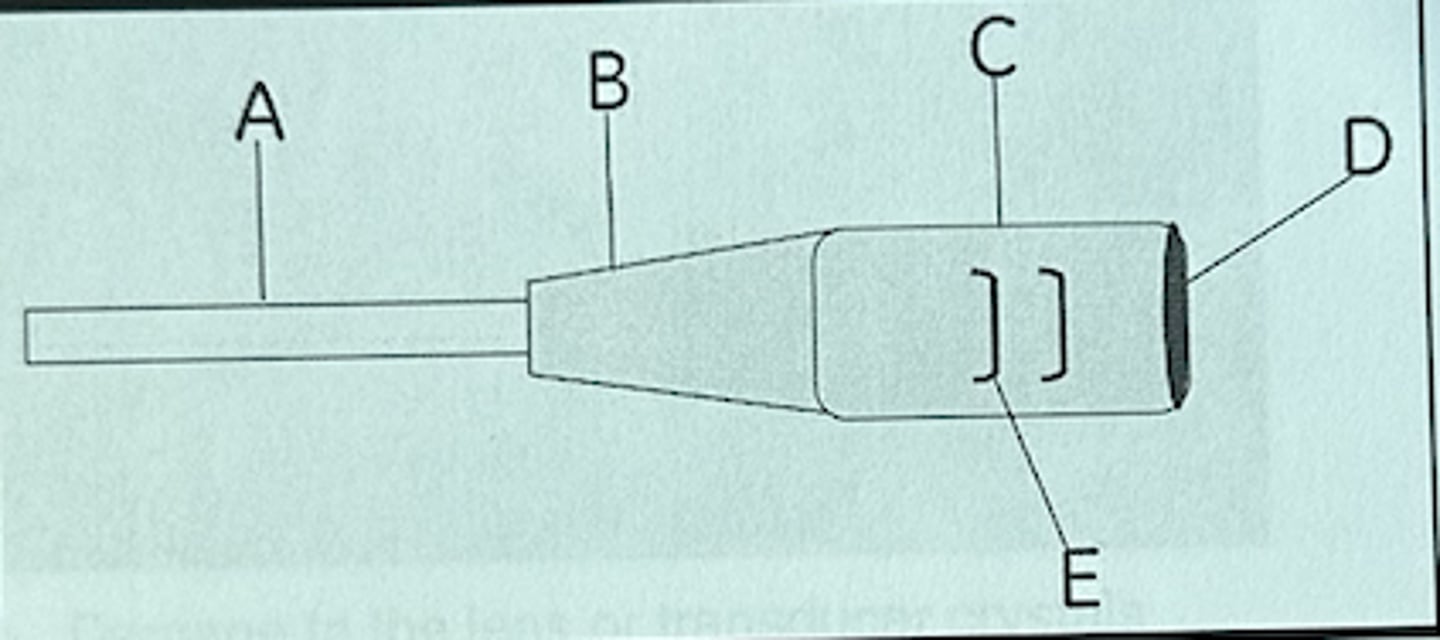 <p>The transducer lens, which may be easily damaged by mechanical shock, is represented by letter:</p>