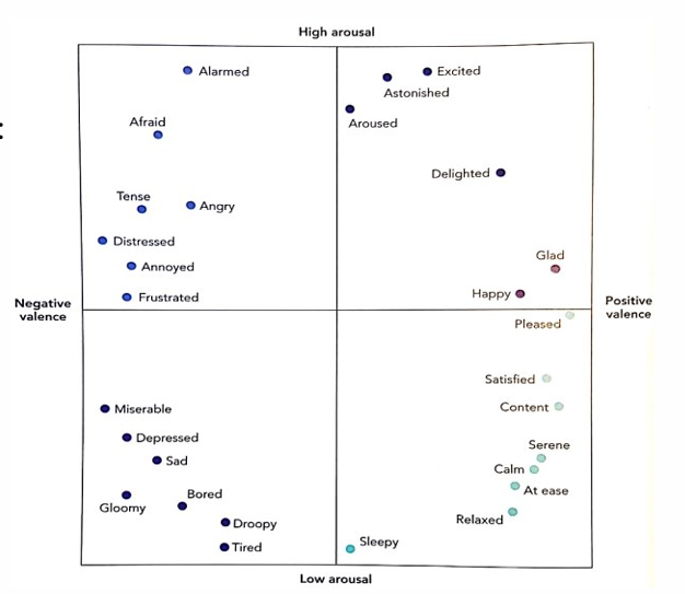 <ul><li><p>the 2 dimensions are Valence (from positive to negative on the x-axis) and Arousal (from passive to active on the Y-axis)</p></li><li><p>examples in each quadrant:</p><ul><li><p>I: Delighted, Happy</p></li><li><p>II: Angry, Tense</p></li><li><p>III: Depressed, Bored, Tired</p></li><li><p>IV: Content, Relaxed</p></li></ul></li></ul><p></p>