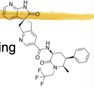 <p>binds CGRP receptor and blocks ligand binding</p><p>small molecule, taken orally</p><p>½ life 5-7hrs</p><p>metabolized by 3A4</p><p>substrate of P-gp and BCRP efflux transporters</p>