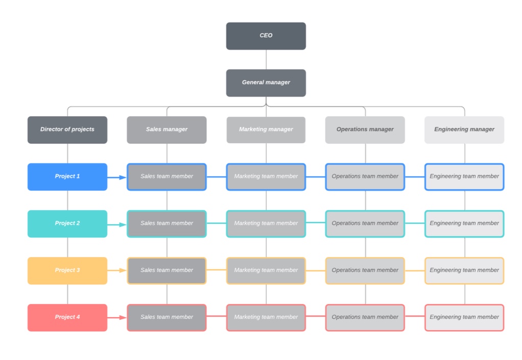 <p>a hybrid structure of functional and divisional</p><p>employees report to more than one manager (usually functional manager and also product/project manager) → multiple lines of authority <br>ex: software developer reports to CTO but also search function project manager</p><p>key aspects: dual reporting, cross functional teams, better coordination across projects</p><p>→ mix of functional and divisional, there are managers for projects and managers for functions </p>