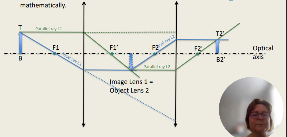 <p>Image Formation Graphically </p><ul><li><p>How will the image form on a lens system consisting of two lenses:</p><ul><li><p>Lens one: The image formed by L1 acts as object for L2</p></li><li><p>Lens 2: final image (B2’T2’) forms behind lens 2 in this case.</p></li></ul></li><li><p>This approach is called “Step-along-method” of raytracing and can also be done mathematically.</p></li></ul><p>The image formed by ______ acts as an object for L2.</p>