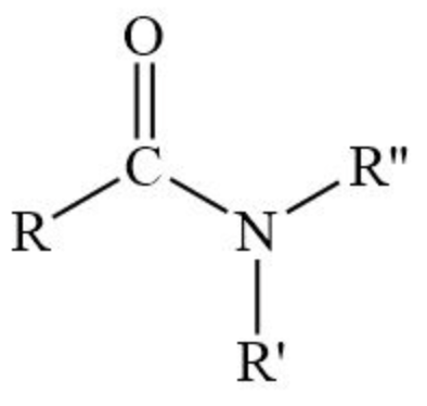 <p>One Carbon atom is double bonded to a Oxygen and single bonded to  a Nitrogen atom</p>