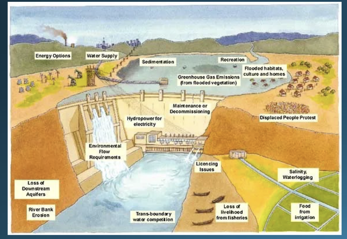 <ul><li><p>Global capacity of 1,360 GW</p></li><li><p>Impoundment</p></li><li><p>Run of river</p></li><li><p>In-river</p></li><li><p>Issues— environmental challenges, human impact</p></li></ul><p></p>