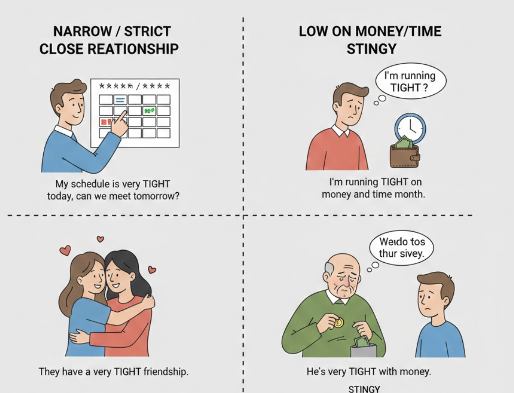 <ol><li><p>Narrow/Strict </p></li></ol><p><strong>(Chật chội/Khắt khe)</strong></p><ol start="2"><li><p>Close relationship </p></li></ol><p><strong>(Thân thiết)</strong></p><ol start="3"><li><p>Low on money/time </p></li></ol><p><strong>(Thiếu hụt)</strong></p><ol start="4"><li><p>Stingy </p></li></ol><p><strong>(Keo kiệt)</strong></p><p>Dạng liên quan:</p><ul><li><p><strong>Tighten</strong> (v): Thắt chặt. </p></li><li><p><strong>Tightness</strong> (n): Sự chật chội. </p></li><li><p><strong>Tightly</strong> (adv): Một cách chặt chẽ.</p></li><li><p><strong>Money is tight</strong> (Tiền đang eo hẹp). </p></li><li><p><strong>Schedule is tight</strong> (Lịch trình dày đặc). </p></li><li><p><strong>Be tight with someone</strong> (Rất thân với ai).</p></li></ul><p></p>