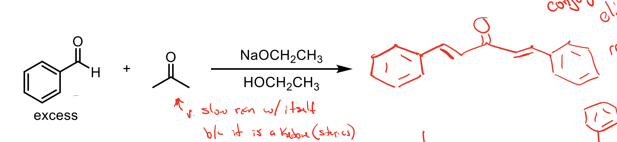 <ul><li><p>There is an excess of the electrophile. You will form the product with a beta unsaturated ketone almost immediately (because of the conjugation with the benzene ring) </p></li><li><p>So with your solution having NaOCH2CH3 and HOCH2CH3 you can make enolate again which will then react immediately with the excess of electrophile then form another beta unsaturated ketone. </p></li></ul><p></p>