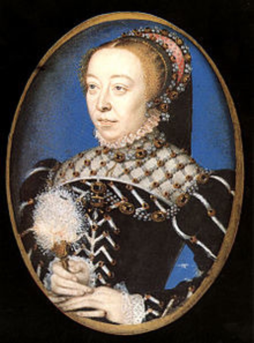 <p>(1547-1589) The wife of Henry II (1547-1559) of France, who exercised political influence after the death of her husband and during the rule of her weak sons.</p>