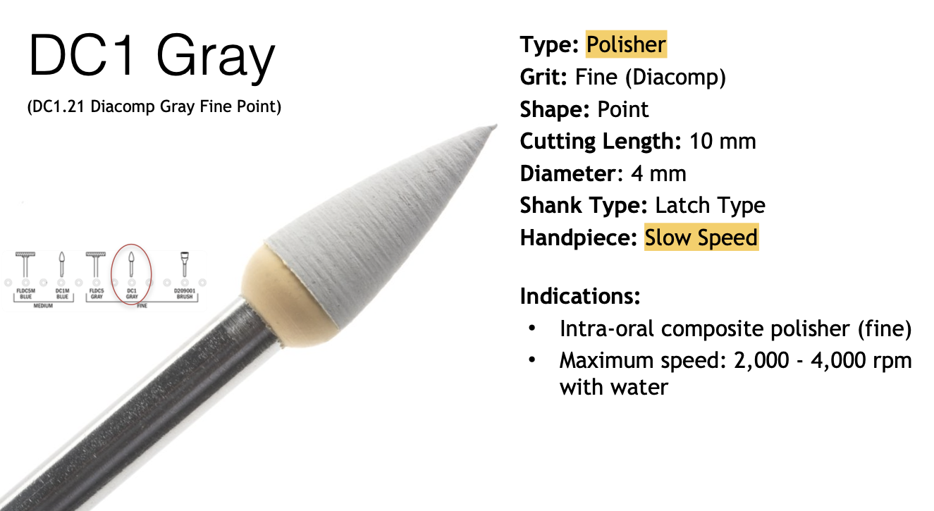 <p>– Diacomp point polisher, fine grit. Composite polishing with water, 2,000–4,000 rpm. slow speed</p>