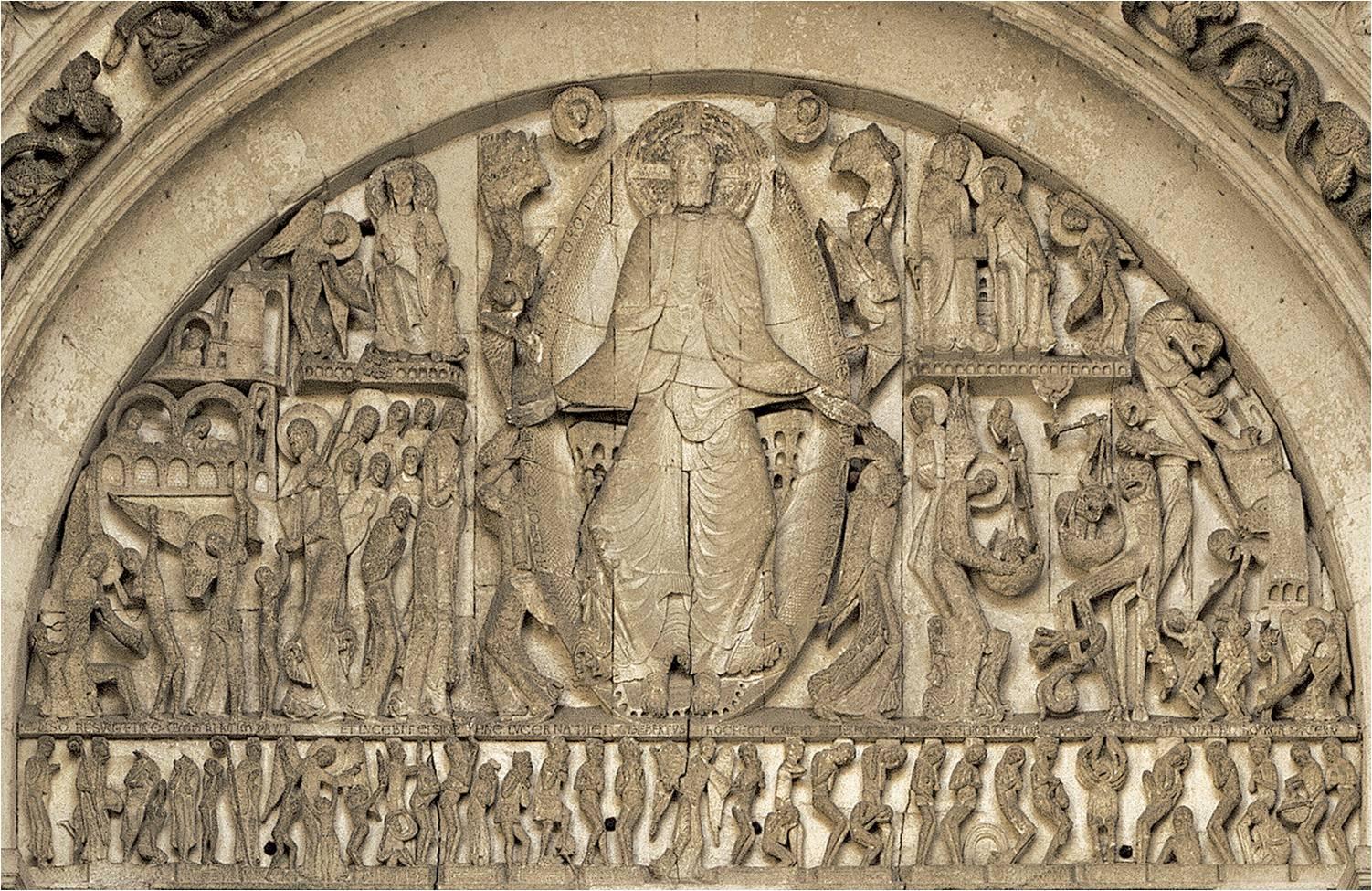 <p>-c. 1130-1146 Central Portal on the west Facade of the cathedral of St. Lazare, France</p><ul><li><p>Images represent text. The center figure is Christ, he is frontal and symmetrical, and he is sitting on the throne of Heaven. -The left side people are those who are dammed to  Hell and to his right are the blessed who are going to Heaven. The Virgin Mary is enthroned in Heaven. and an angel is blowing a horn signaling the Coming of Christ.</p></li><li><p>St. Michael is shown weighing souls for the morality of sins. -The figures going to hell are saddened. -The bottom shows the souls rising from the dead, as well as angels of death terrifying souls</p></li><li><p>Engraved in the bottom is &quot;Gislebertus hoc fecit&quot; Gislebertus made this</p></li></ul>