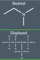 <p>We draw the carbons. There are 4 points (ignore N) so 4 carbon atoms all joined by single bonds.</p><p>There is a nitrogen in between the 2nd carbon and the 3rd carbon so we draw a horizontal line C-C-N-C</p><p>The 4th carbon atom is attached to the N atom in a side chain so draw that in </p><p>Next we know that carbon makes 4 bonds so fill in the hydrogen atoms. </p><p></p>