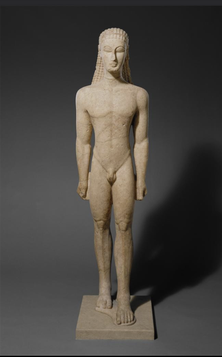 <p>material: limestone statue</p><p>Location: Athens, Greece</p><p>date: ca. 600 BCE </p><p>historical period: Archaic period</p>