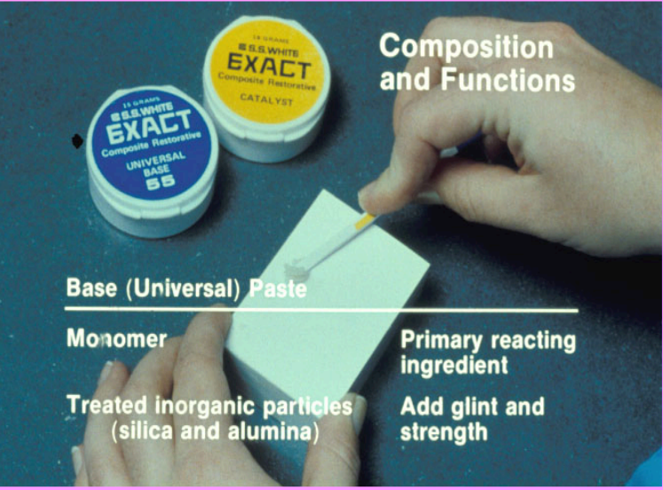 <ul><li><p>monomer</p></li><li><p>treated inorganic particles (silica &amp; alumina) </p></li></ul><p></p>