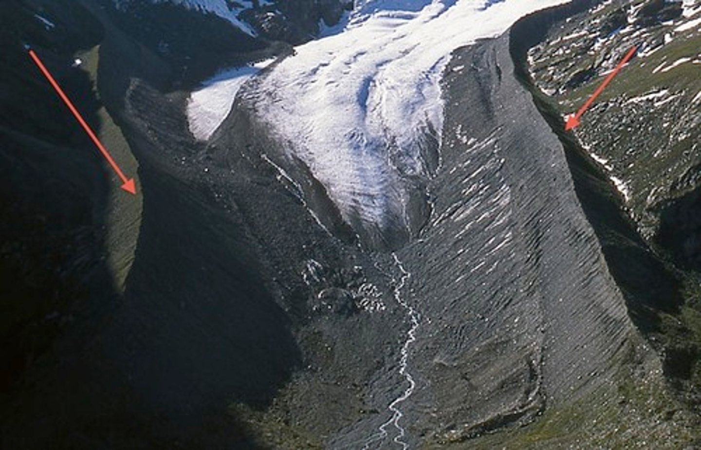 <p>a ridge of till that forms from the sediment concentrated along the sides of an alpine glacier where it meets the valley walls</p>