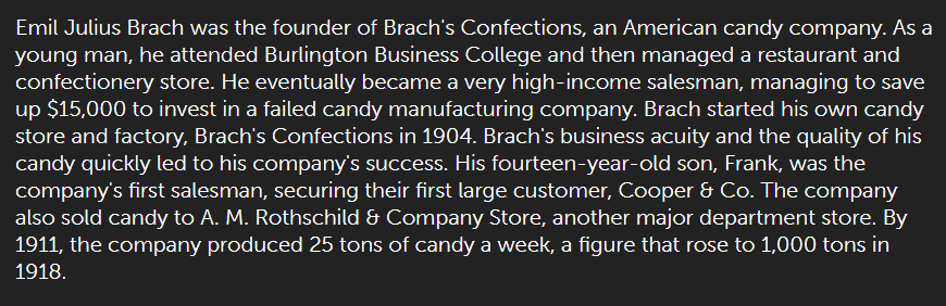 <p>flagged</p><p>branch did not work as a salesman at Brach’s Confections</p>