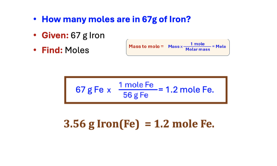 <p>mass x 1 mole/molar mass = mole</p>