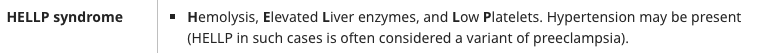 <p>Hemolysis +</p><p>Elevated liver enzymes +</p><p>Low platelets +</p>