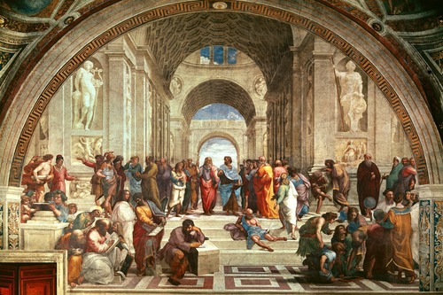 <p>-Raphael -1509-1511 -Fresco -plato and aristotle in the middle -leonardo&apos;s face is painted on plato -one point perspective -originally called &quot;wall of philosophy&quot;</p>