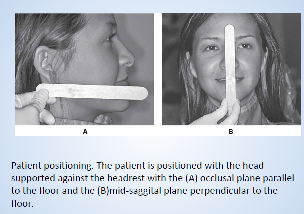 <ul><li><p>head supported against the headrest</p></li><li><p>occlusal plane parallel to floor</p></li><li><p>mid-sagittal plane perpendicular to the floor</p></li></ul><p></p>