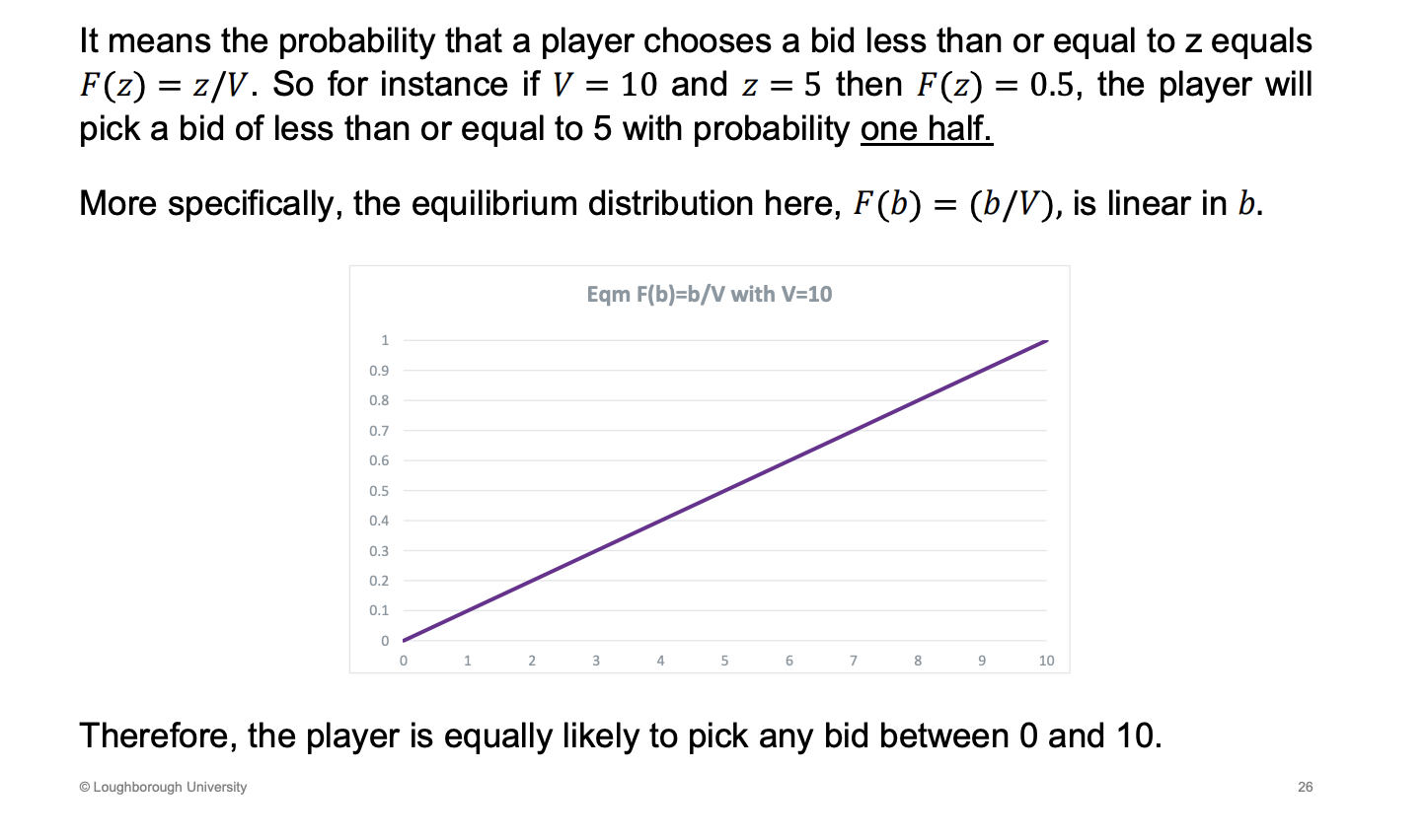 <p>In eqm, equally likely to pick any bid between 0 - 10, keeps the other player in different as well</p>