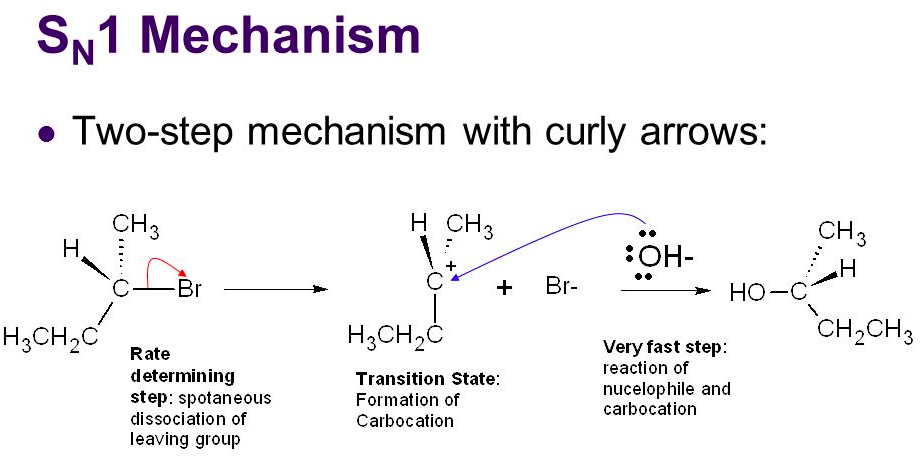 <p>two </p><p>step 1: the LG leaves, forming a carbocation </p><p>step 2: the nucleophile attacks the planar carbocation from either side, leading to a racemic mixture of products </p><img src="https://knowt-user-attachments.s3.amazonaws.com/3ebc9bfd-234f-448c-9390-5ab37d49616a.png" data-width="100%" data-align="center"><p></p>