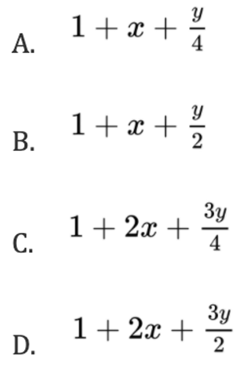 <p>Which expression gives the sum of all the coefficients for the general equation for the complete</p><p>combustion of hydrocarbons?</p><p>__CxHy(g) + __O₂ → __CO₂(g) + __H₂O(l)</p>