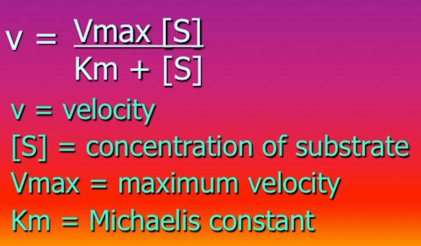 <p>Michaelis-Menten kinetics for a general system E+S<->ES<->E+P, can be described by the following formula. [S]-Concentration of the substrate vmax-maximum rate for a given reaction Km-Michaelis constant, the concentration of substrate that corresponds to half of vmax.</p>