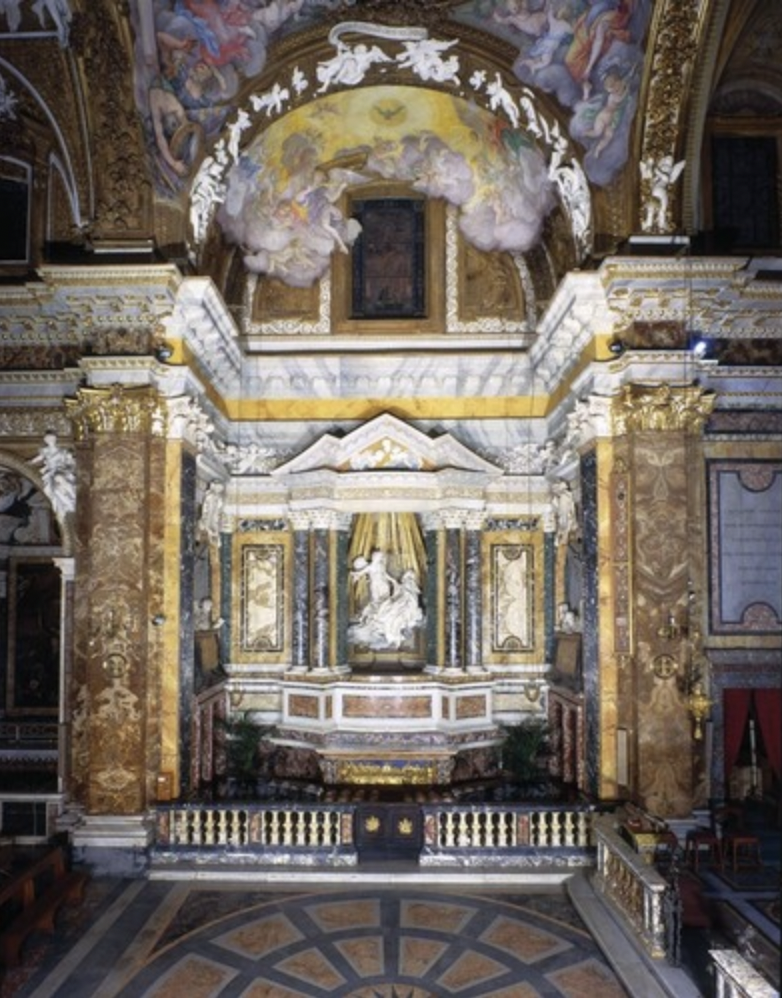 * Shows goals of Counter Reformation Catholic art: reestablishing hierarchy, creating a sense of implied movement and theatricality (bel composto)
* Combining sculpture, painting, and architecture with billow clouds coming out of the frame, the heavy ornamentation surrounding the sculptures of St. Theresa, etc
* Patrons sculpted on side of walls in theater boxes: speaks to how art at this time was trying to really involve the viewer and being a part of art