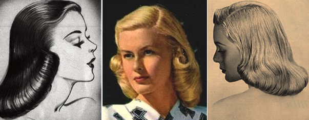 <p>women’s hairstyle with straight hair worn shoulder-length or shorter, with ends curled under very smoothly at the back and sides; popular in late 1930s</p>