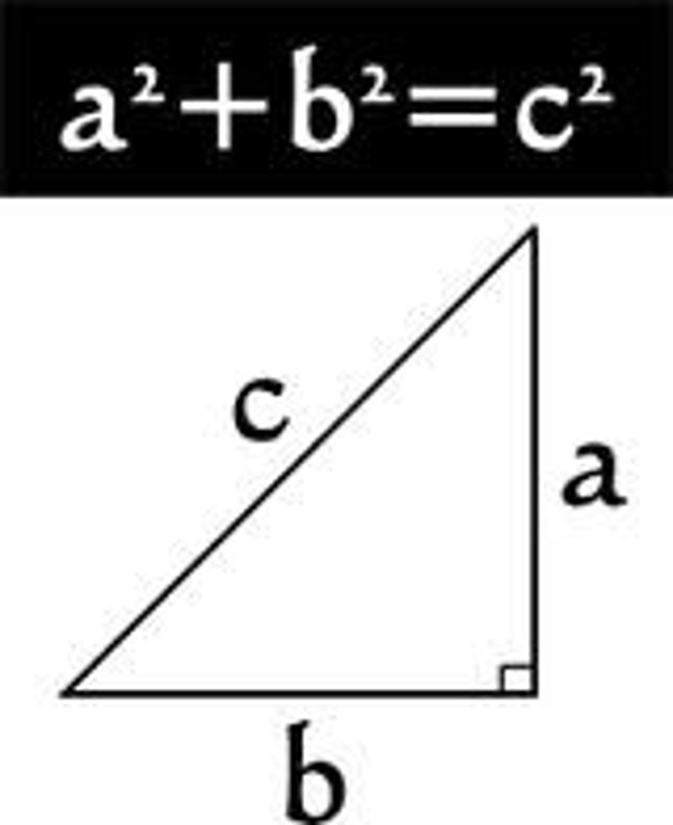 <p>a²+b²=c²</p><p>-for right triangles only</p><p>-hypotenuse: longest side of right triangle</p><p>-3-4-5 triangle</p><p>-used to find missing sides</p>