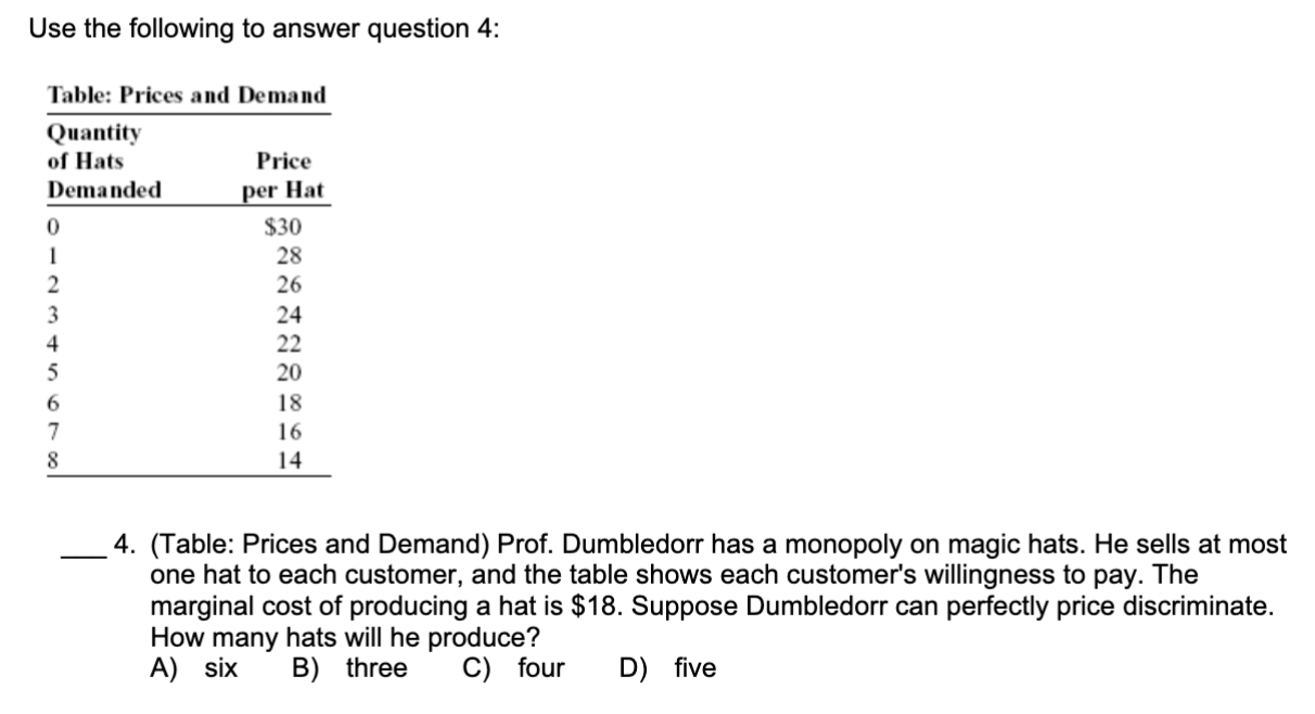 <p>Table: Prices and Demand) Prof. Dumbledorr has a monopoly on magic hats. He sells at most one hat to each customer, and the table shows each customer's willingness to pay. <span style="color: yellow">The marginal cost of producing a hat is $18. Suppose Dumbledorr can perfectly price discriminate. How many hats will he produce?</span></p><p>Remember that price discrimination takes all of the willingness to pay until it reaches marginal cost!</p><p><br>A) six</p><p>B) three</p><p>C) four</p><p>D) five</p>