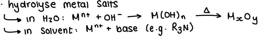 <p>M<sub>x</sub>O<sub>y</sub> structure.</p><p>They are made through oxidation of metal NPs, hydrolysis of metal salts (this is fast, so gives poor monodispersity) or high T decomposition of precursors.</p><p>They can be stabilised by RCOOH or polymers.</p>