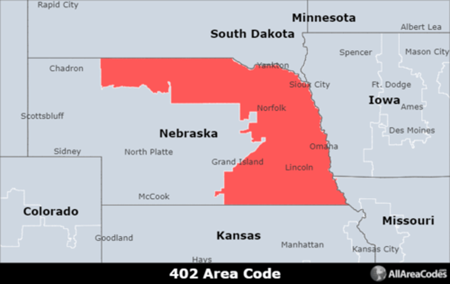 <p>Area code 402 is located in northern and eastern Nebraska and covers Omaha, Lincoln, and Bellevue. It has a single overlay (531) that serves the same area.</p>